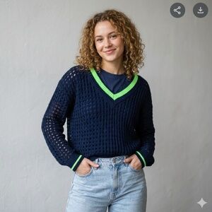 Wispr Brodie Cashmere Open Knit Sweater S Cotton Navy Crochet Mesh Y2K Beach